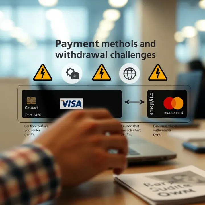 Graphic showing various payment methods with caution symbols to highlight potential withdrawal challenges