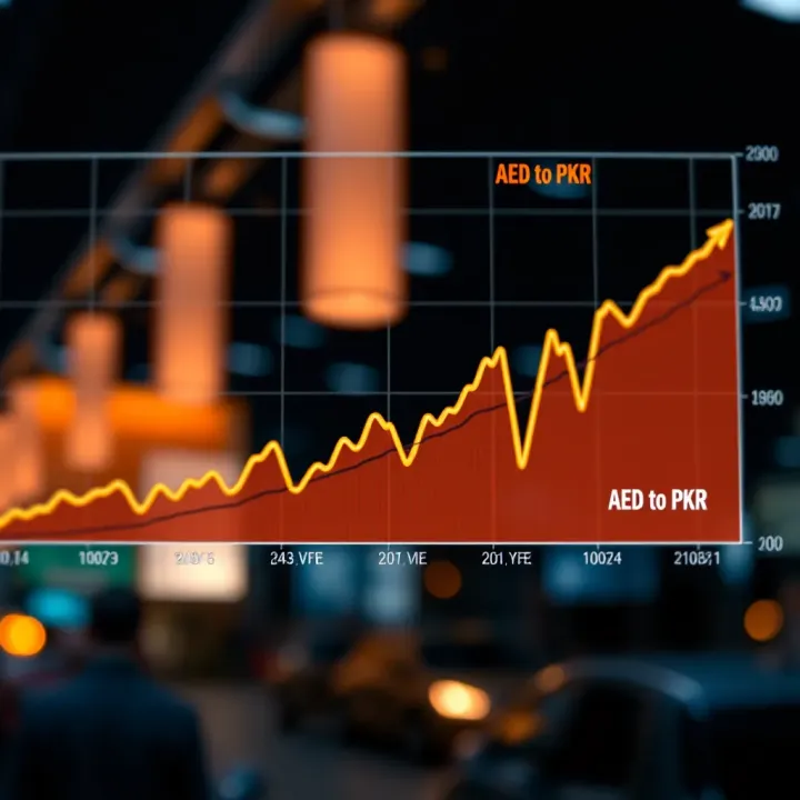 Graph showing currency exchange rate fluctuations between Emirati Dirham and Pakistani Rupee over time