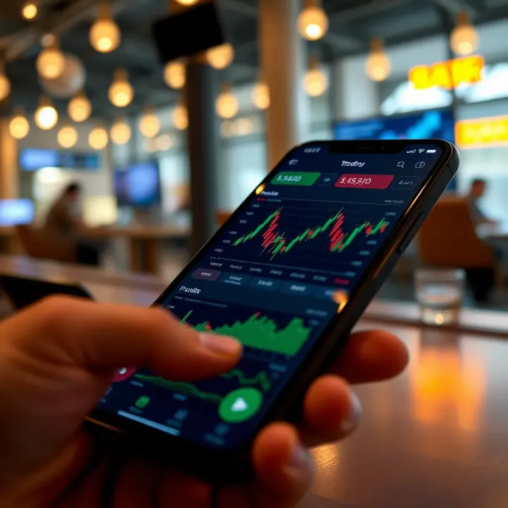 User interface showing trading app features such as charts and portfolio overview on a mobile device