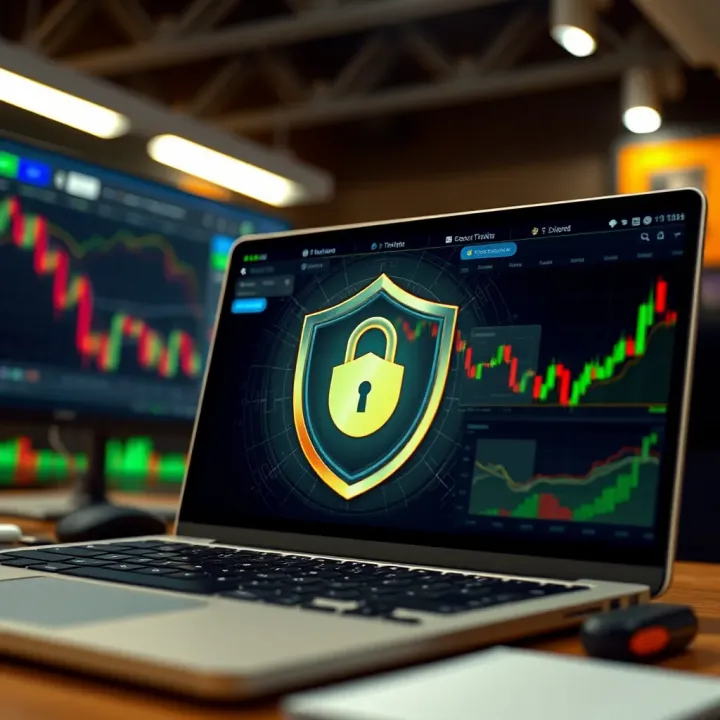 Illustration of secure online trading with digital shield and financial icons