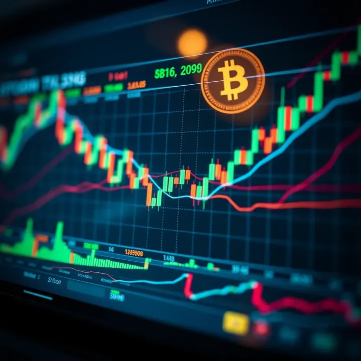 Graph showing fluctuations in Bitcoin price with candlestick chart and trend lines
