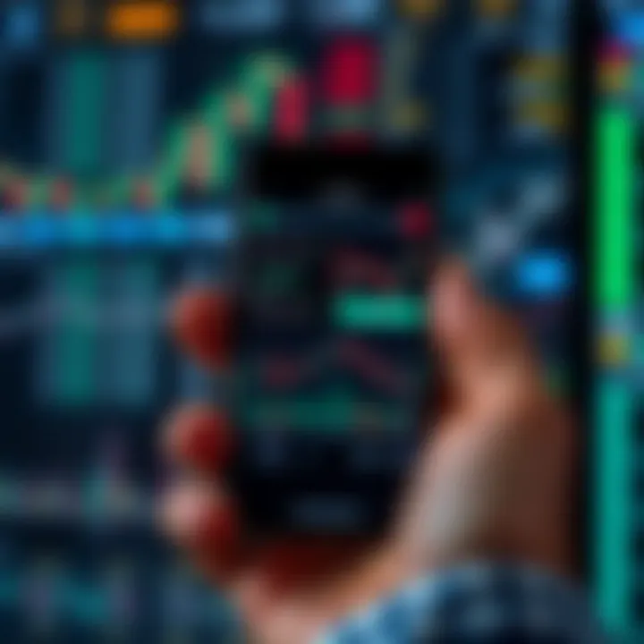 Mobile phone displaying various financial graphs and trading charts on screen