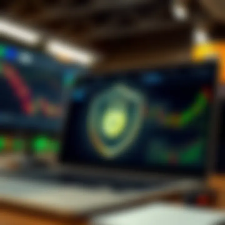 Illustration of secure online trading with digital shield and financial icons