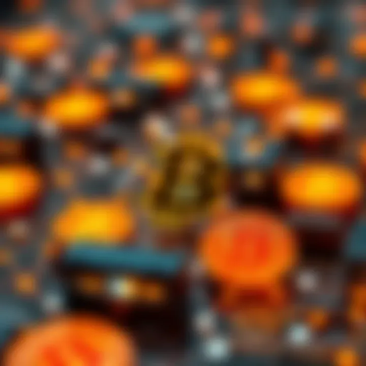 Illustration of cryptocurrency network with blockchain technology elements and regulatory symbols