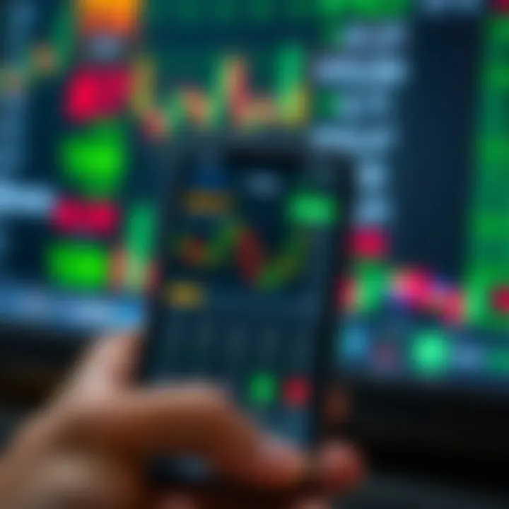 Mobile phone displaying forex trading app interface with charts and currency symbols