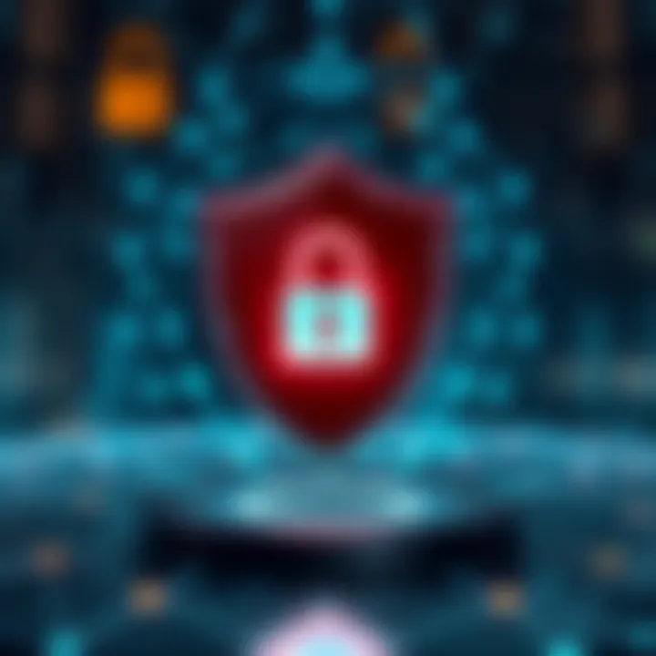 Illustration of security shield with digital network background symbolizing app security and protection