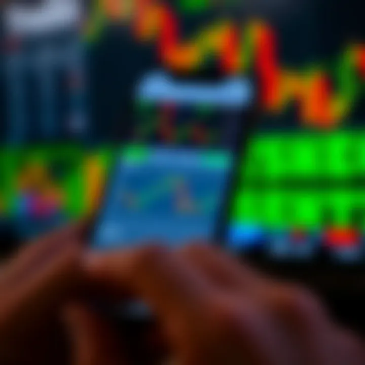 Smartphone displaying a trading app interface with stock charts and financial data relevant to Pakistani market