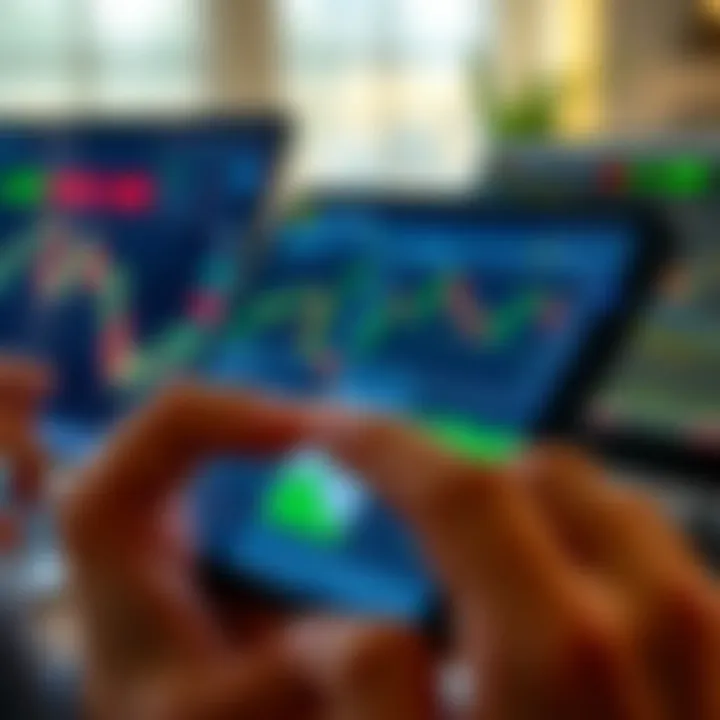 User navigating a trading app interface with charts and market data displayed on a mobile device
