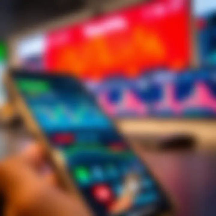 Mobile phone showing a trading app interface with stock charts and market data