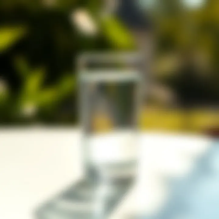 Clear glass of purified drinking water reflecting sunlight