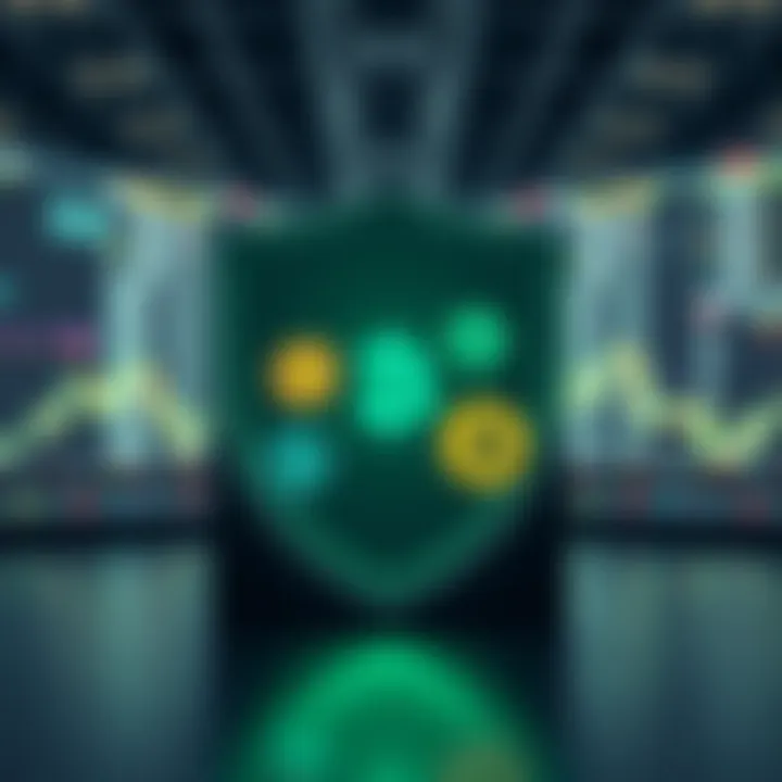 Shield icon with crypto symbols representing safety measures for traders