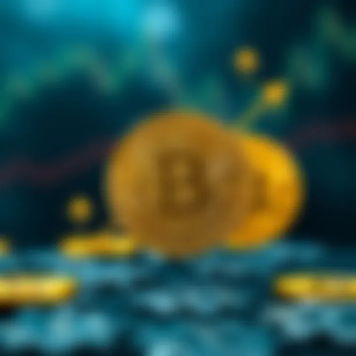 Illustration of digital currency symbols with upward and downward arrows representing market trends