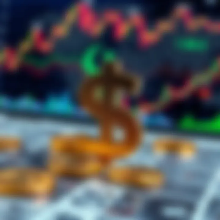 Illustration of currency symbols with a backdrop of economic charts and global market indicators