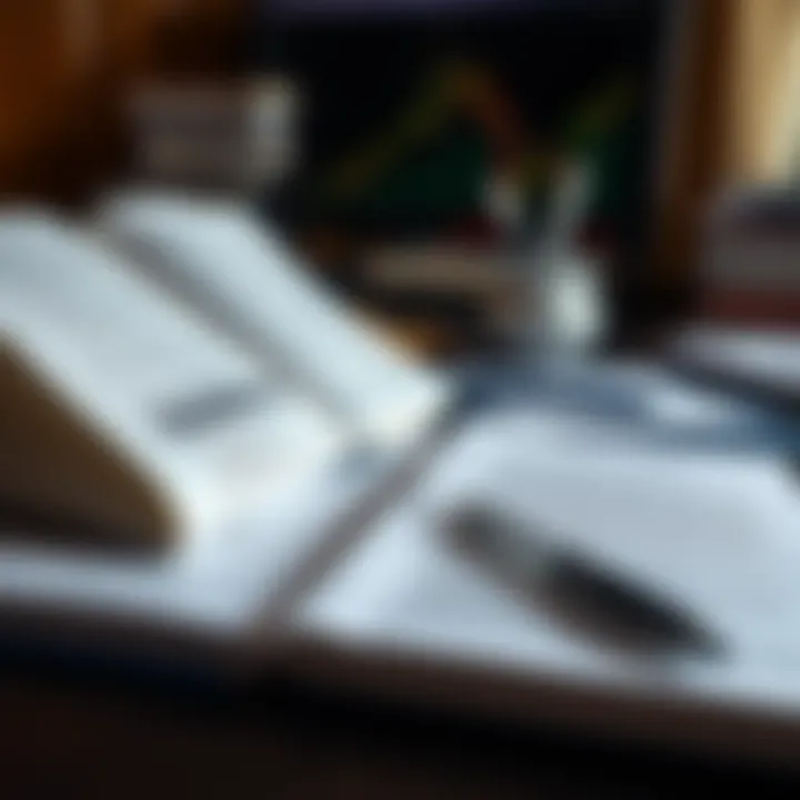 A desk setup with printed trading book pages, notes, and a pen for studying market strategies