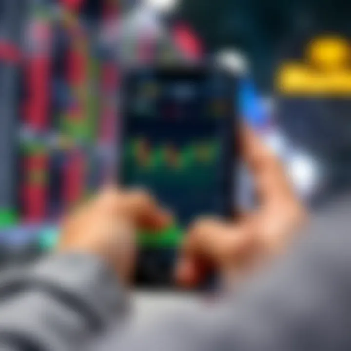 User navigating a mobile trading application interface with stock charts and market data