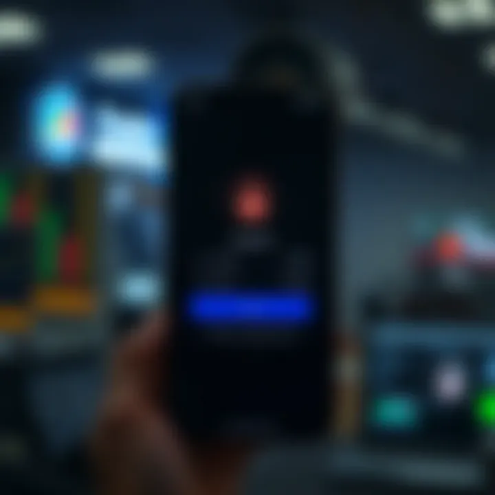 Secure login screen of a financial trading app showcasing password and biometric authentication options