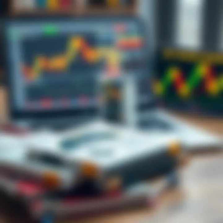 Collection of trading books and laptop showing stock market charts