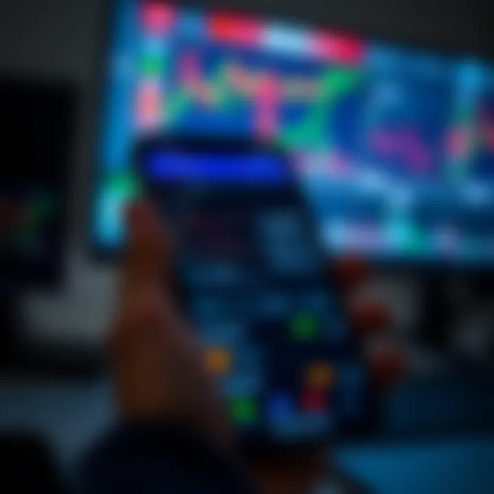 A smartphone displaying the Exness Go trading app interface with various financial market charts and options visible