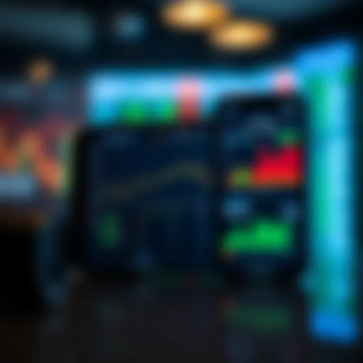 Mobile phone displaying various trading charts and market options on a trading application interface