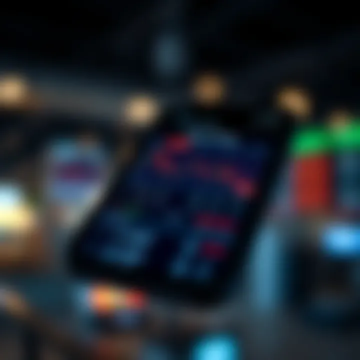 Mobile phone screen displaying a trading application interface with market charts and trade options