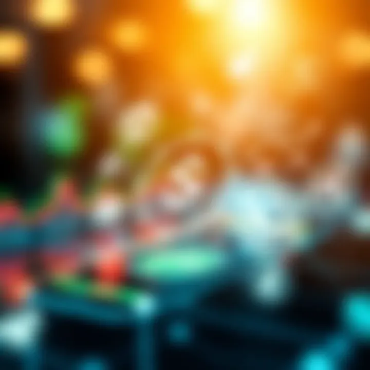 Illustration of digital financial icons representing various trading markets and currencies connected by network lines