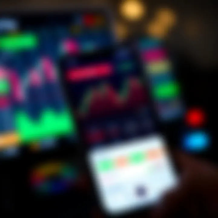 Trading App Interface Featuring Virtual Trading Environment Mobile phone displaying a trading app interface with charts and virtual currency balances