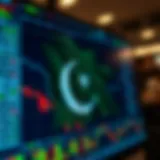 Illustration showing the Pakistani flag merged with forex trading symbols on a digital screen