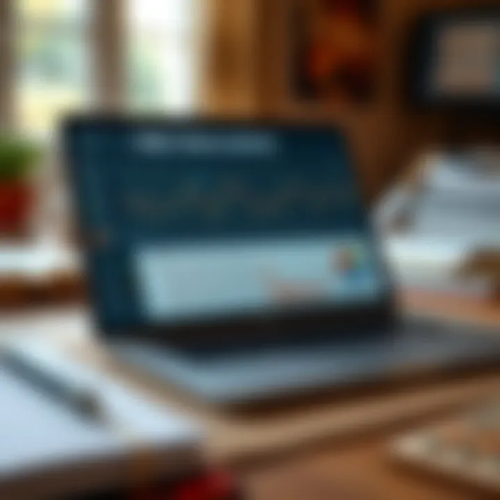 An open laptop displaying a PDF trading book with graphs and charts visible on the screen