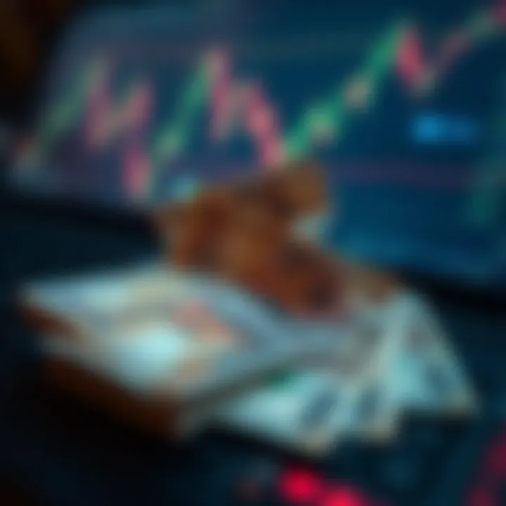 Pakistani rupee and US dollar bills on a financial chart showing currency exchange trends