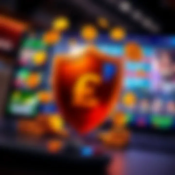 Illustration of digital currency symbols and a shield representing secure and legal online gaming for Pakistani players