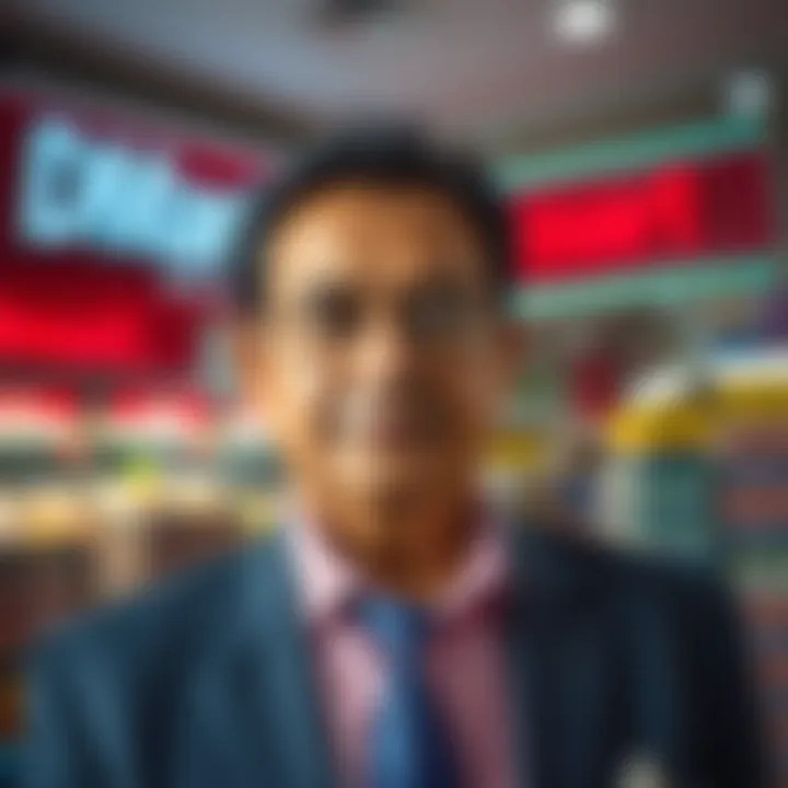 Portrait of Radhakishan Damani with DMart store in the background