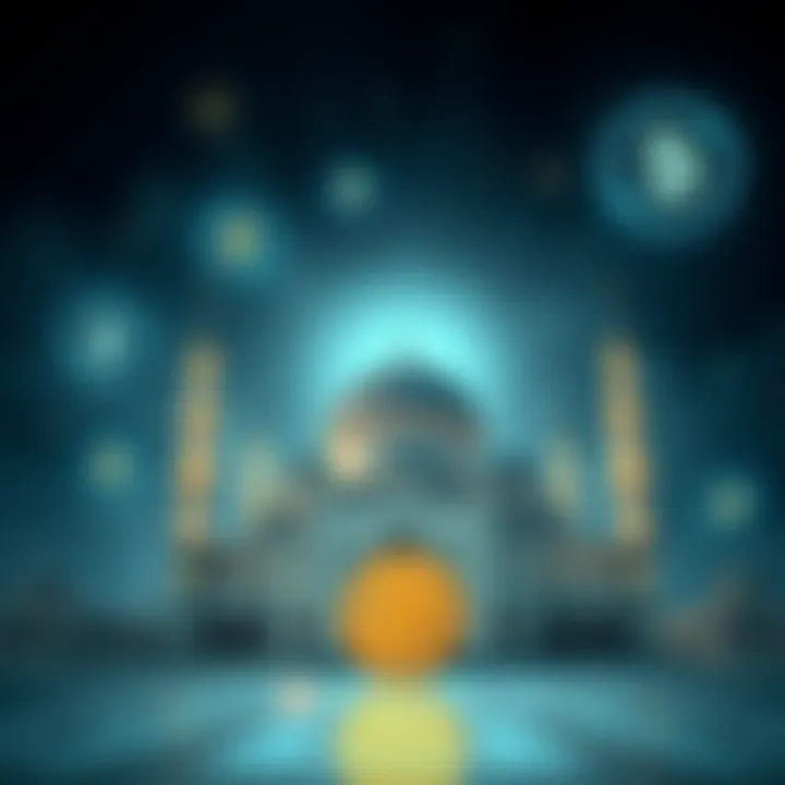 Conceptual graphic showing digital coins and a mosque dome representing Shariah-compliant investment options