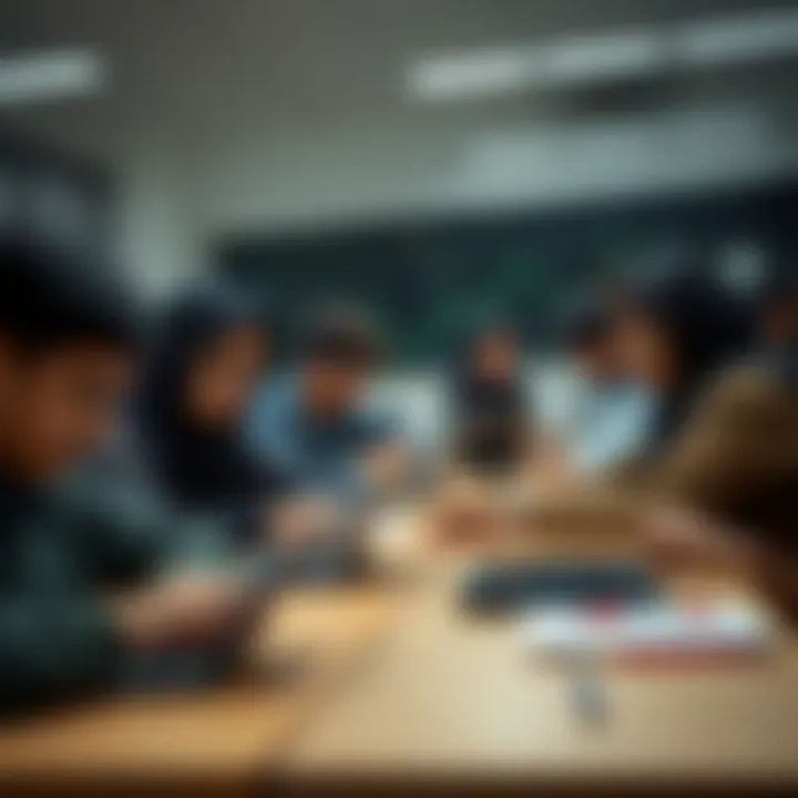 Students engaging with laptops and tablets in a modern classroom setting