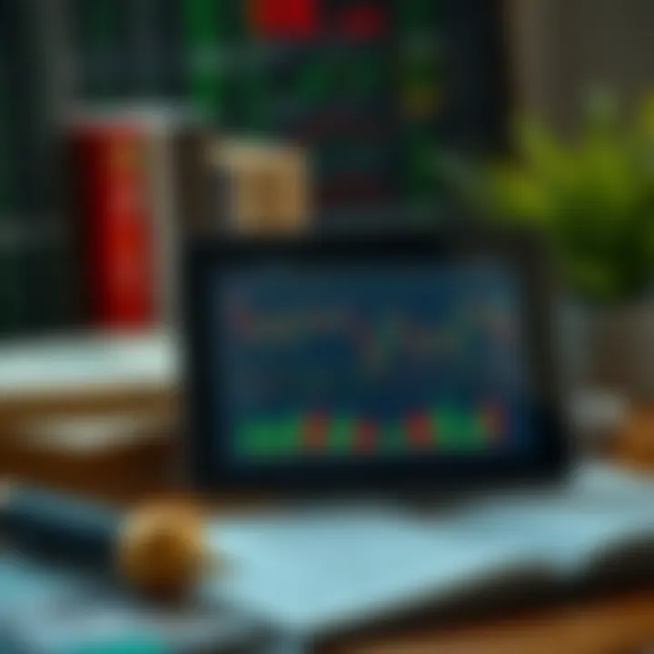 Digital tablet displaying technical analysis charts with trading books nearby