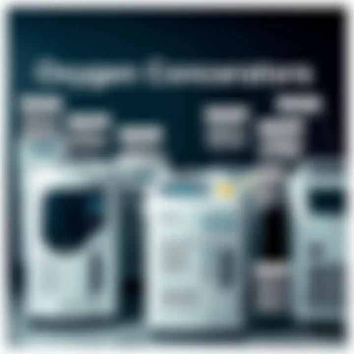 Various types of oxygen concentrators displayed with labels indicating key features and usage settings