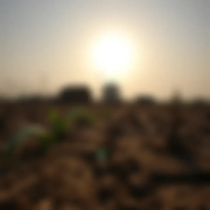 Scorching sun over a parched agricultural field in Pakistan showing dry soil and wilting crops under intense summer heat