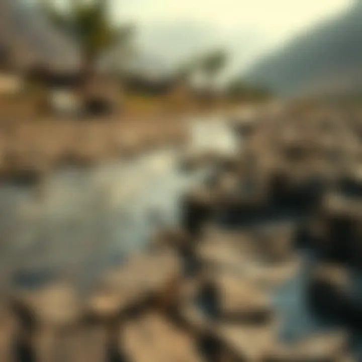 Water scarcity with a cracked riverbed and limited water flow highlighting water resource challenges during Pakistan's hot summer months