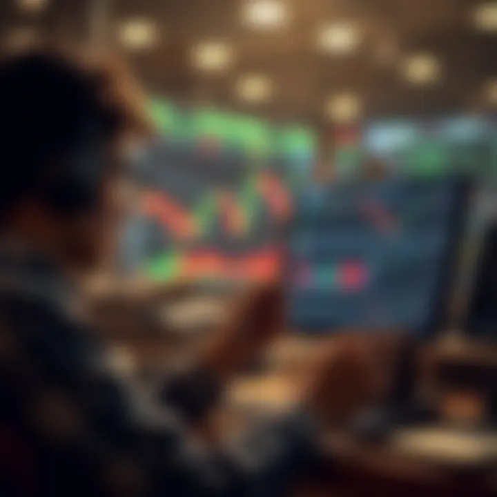 Illustration of a trader analyzing charts on the Quotex demo account with indicators and trading strategy insights