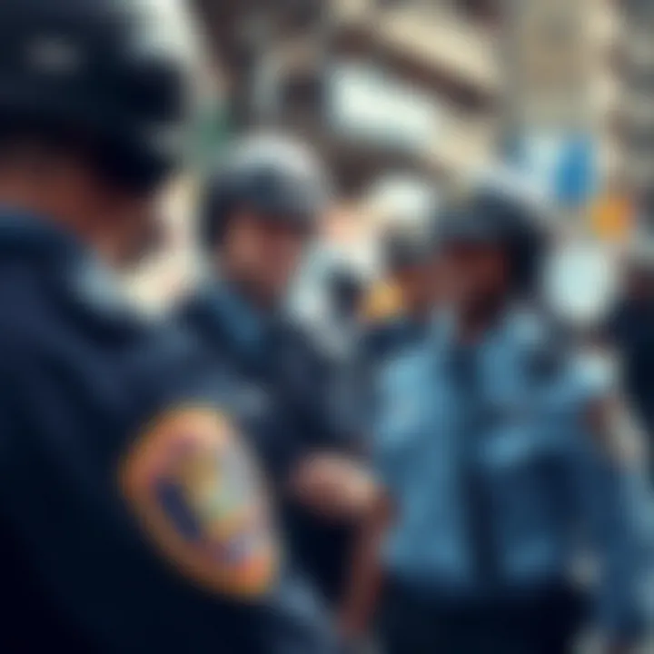 Police officers in uniform conducting a community outreach program in an urban area