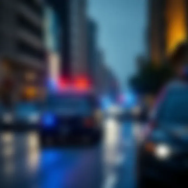 Law enforcement vehicles on patrol in a city street during evening hours