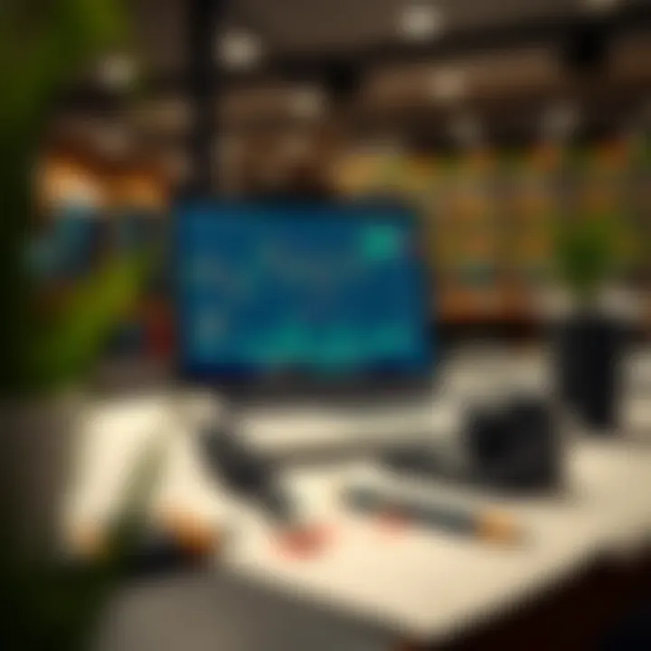 Illustration of trading tools including charts, laptop, and market analysis reports