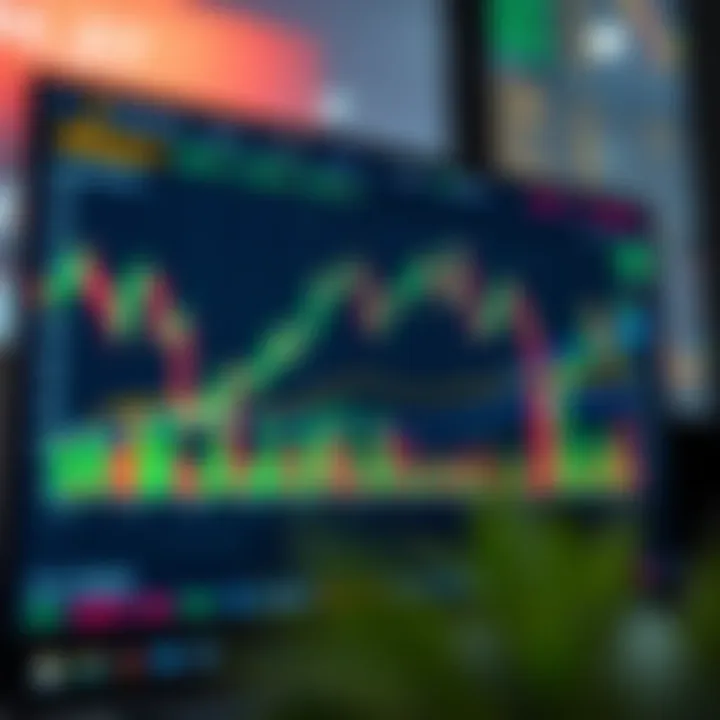 Graph displaying various trading indicators and market trends on a digital screen