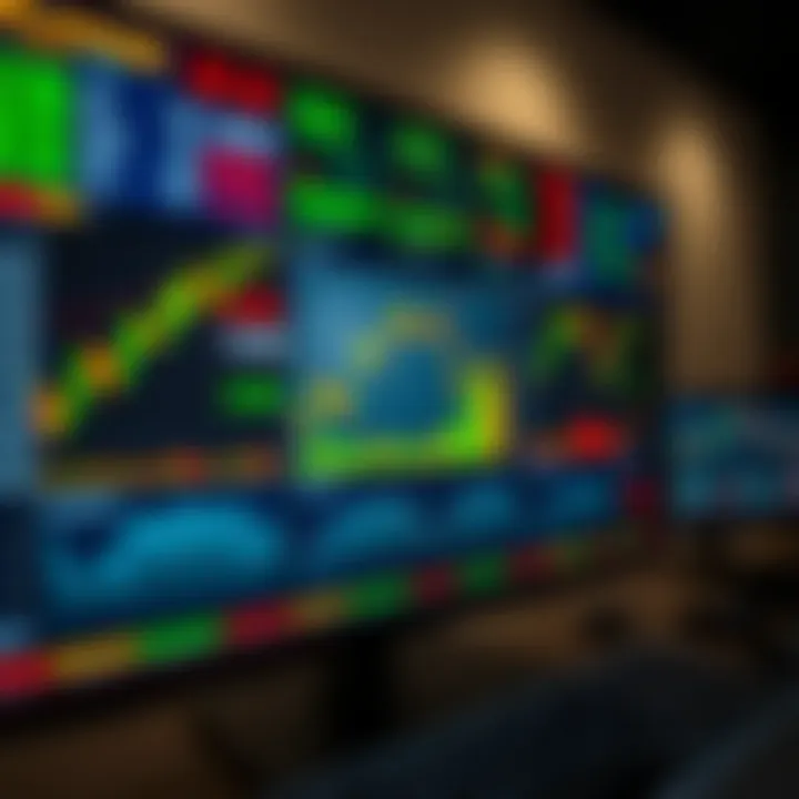 A digital dashboard displaying various financial charts and graphs representing stock market trends