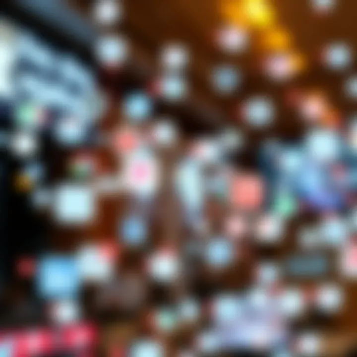 Network of diverse digital icons representing social media interactions and trending topics