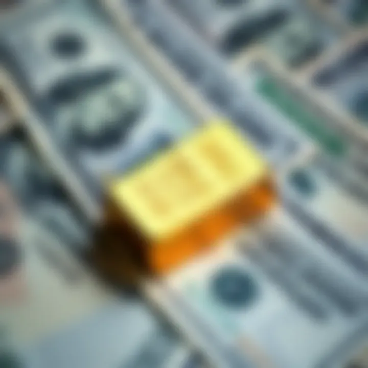 Close-up of a gold bar resting on US dollar bills symbolizing the XAU to USD exchange rate