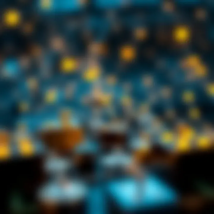 Digital representation of blockchain technology with interconnected nodes and data blocks