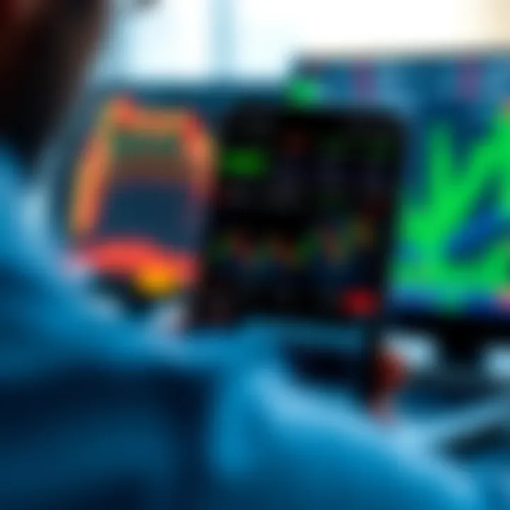 Mobile phone displaying a trading app interface with charts and graphs