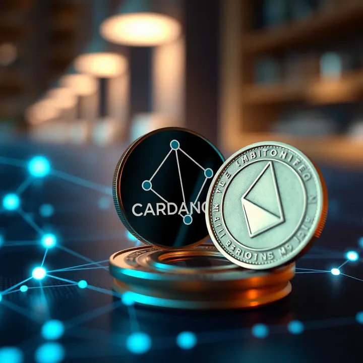 Visual Representation of Cardano Blockchain and ADA Token Conceptual illustration of Cardano blockchain network connectivity and digital token representation