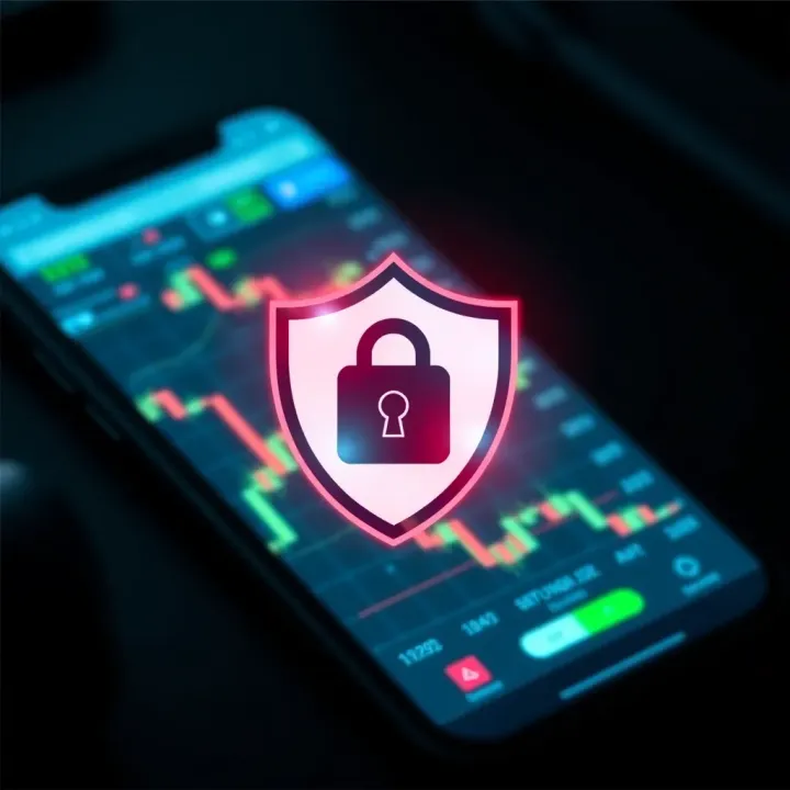 Key Security Features in Trading Applications Security shield icon overlaid on a smartphone displaying trading application