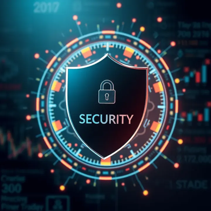 Robust Online Trading Security Features Security shield symbol with digital elements representing online protection